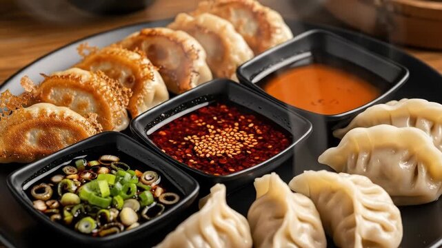Juicy steamed and fried dumplings with flavorful asian sauces in elegant food display