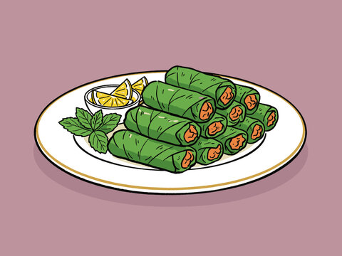 Illustrated Vietnamese Bo La Lot rolls with lemon and mint. Asian street food drawing, fresh appetizer vector art.