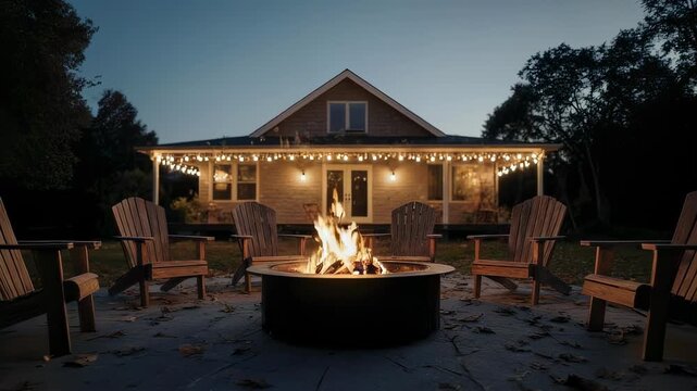 Evening scene with a fire pit surrounded by chairs, house with lights, trees in the background