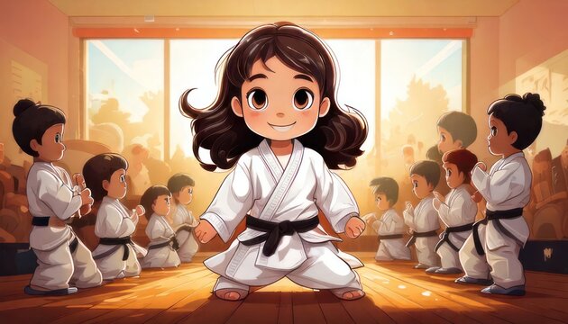 Cartoon girl in karate uniform with classmates illustration.