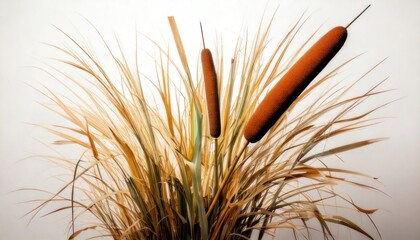 Cattails in a field, brown cylindrical flower spikes, tall grass.