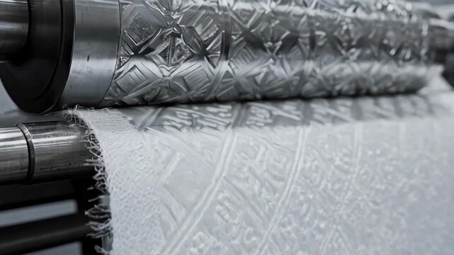 Shot focusing on patterned embossed rollers imprinting detailed designs onto a nonwoven web showcasing intricate texture creation during calendering.