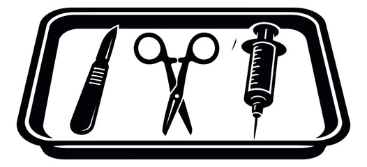 Fototapeta premium Monochrome surgical icon set featuring a scalpel, scissors, and a syringe on a tray for medical procedures