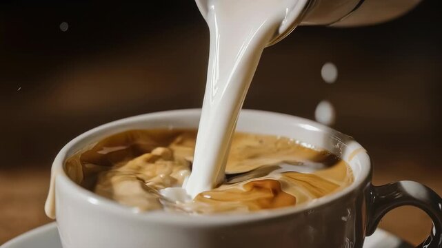 Creamy liquid pouring from above into a cup of coffee, creating a splash. Soft focus