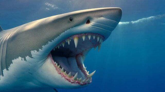 A large gray shark with sharp teeth swims underwater towards the right, sunlight filtering through the deep blue ocean background