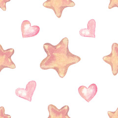 Obraz premium Seamless watercolor pattern with soft pink hearts and pastel stars on a white background. Cute romantic design for Valentine’s Day, nursery decor, wrapping paper, textiles, cards and sweet love themed