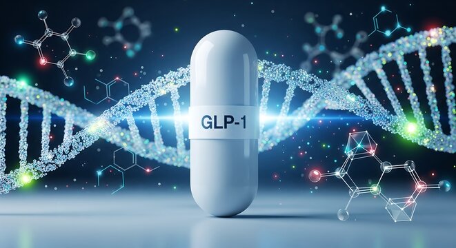 GLP-1 peptide drug capsule representing medical breakthrough in diabetes treatment weight loss and metabolic health with glowing DNA helix and molecular structures symbolizing science and research