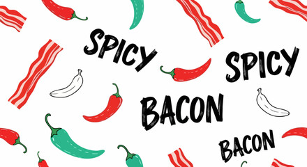 Obraz premium Spicy Bacon Vector Pattern with Red Chili Peppers, Green Jalapenos, and Banana Peppers on White Background
