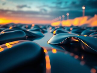 Polished metal forms create a minimalist landscape, with blurred light dancing across cool surfaces,  artistic composition,  abstract