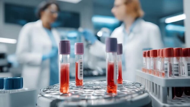 Medium shot of oncologyfocused hematology analyzer workflow emphasizing central blood tube in clear focus with peripheral lab tools and staff blurred.