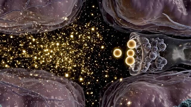 Cinematic Microscope View of Neural Synapse With Glowing Neurotransmitters Triggering Electrical Signal Inside the Human Brain