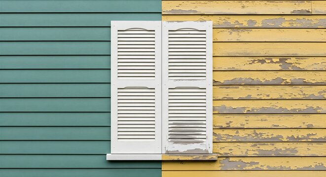 Split image of weathered yellow wooden siding and clean teal siding with white shutters window home exterior wall renovation before and after comparison