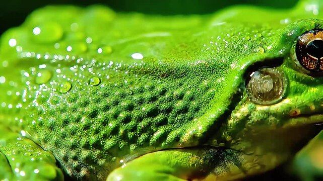 Close-up of a Vibrant Green Frog with Fresh Water Droplets on its Textured Skin