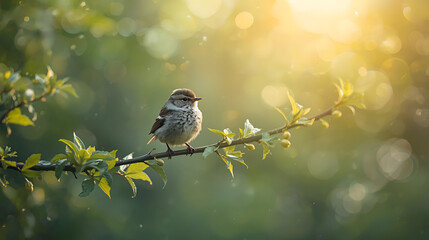 Tiny brown bird perched serenely on a vibrant green branch, bathed in warm golden hour sunlight with shimmering bokeh. Captivating nature and wildlife scene for tranquil designs.