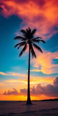 Tall palm tree silhouetted against a vibrant sunset sky, casting long shadows on a sandy beach,  summer,  landscape