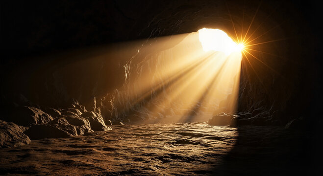Sunbeams entering a dark cave, representing the hope and light of resurrection morning. For religious publications, Easter Sunday services, and inspirational designs.
