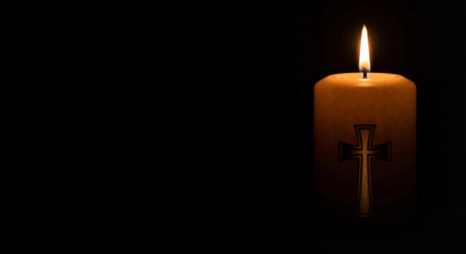 A single Easter vigil candle with a cross symbol burning in the dark. For religious services, prayer blogs, and content about faith and hope.