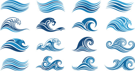 Fototapeta premium Blue Ocean Water Wave Illustration Set Featuring Various Nautical Styles from Minimalist Curves to Powerful Cresting Surf and Decorative Sea Swirls