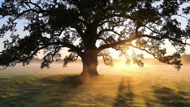 A sunlit field enveloped in fog with a large tree silhouetted against a golden sky