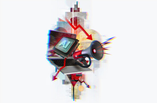 AI-driven IT crisis: workforce disruption and market decline caused by artificial intelligence expansion. Systemic stress within information technology infrastructure. Business analysis collage