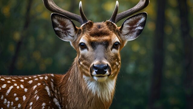 Close-up portrait of an axis deer&rsquo;s face