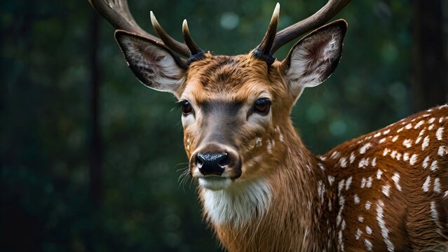Close-up portrait of an axis deer&rsquo;s face