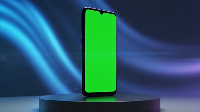 A smartphone with a green screen rests on a pedestal, with a dynamic, illuminated backdrop
