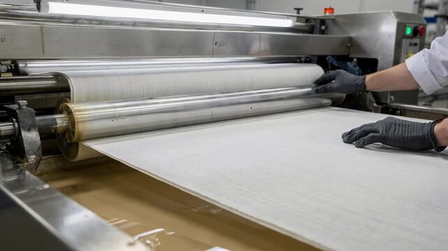 Operator applying kissroll technique to add a precise functional finish on textile strips improving stiffness with careful rolling motion in a modern coating facility.