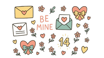A colorful illustration of Valentine's Day symbols and messages