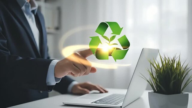 Business using laptop with glowing green recycling symbol and seedling symbolizing environmental sustainability and corporate responsibility