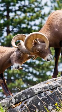 A pair of bighorn sheep with striking curved horns engaged in a gentle headbutting display on a rocky ledge surrounded by greenery