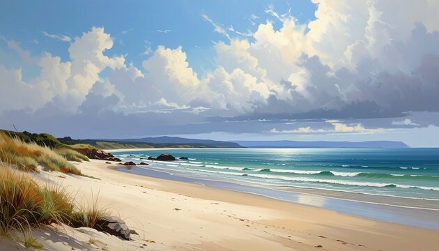 Sandy beach coastline with turquoise waves and dramatic cloudy sky summer landscape