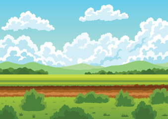 Fototapeta premium Agriculture farming landscape. Countryside land. Plowing the field on rural landscape background. Farm life, soil cultivation. Vector cartoon illustration