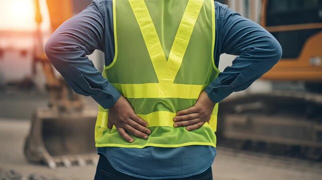 Construction worker experiencing back pain injury with glowing red pain points on lower back wearing visibility safety vest and work clothes with