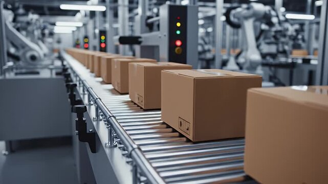 Cardboard boxes are on a roller conveyor belt in an automated factory with robotic arms