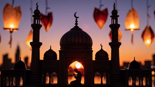 Silhouette of a person praying inside an ornate mosque during sunset with hanging lanterns and a warm orange sky
