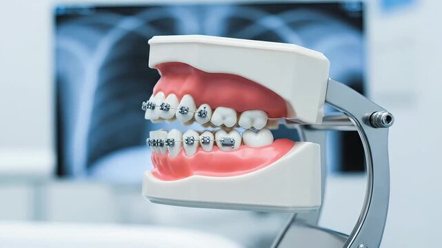 Dental model with braces and blurred X-ray background showing teeth and jawbone for orthodontics and dental care concepts