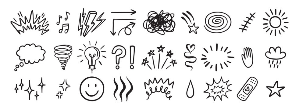 Comic funny effect icon set, anime doodle elements collection. Retro anime movement, exclamation and emphasis expressions. Doodle emotion of character in comic style