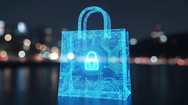 Digital shopping bag with glowing circuit board pattern and padlock symbolizing online security and e-commerce safety in a blurred city background