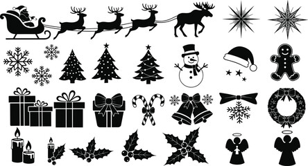 Christmas holiday silhouette icon set, Santa sleigh reindeer gifts snowflakes ornaments, festive winter symbols, black flat vector illustration collection