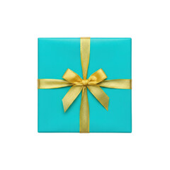 A beautifully wrapped gift box with a shiny gold ribbon on a teal background.