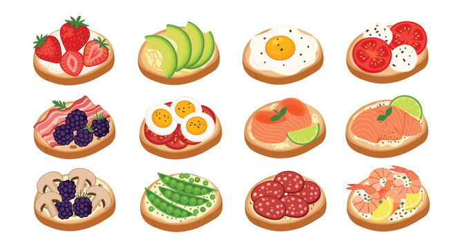 Large set of healthy breakfast toasts features various toppings like avocado egg salmon berries and seeds on small rounds of crusty bread.