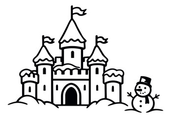 Obraz premium Hand drawn line art illustration of a winter castle and a snowman depicting a snowy scene for winter holidays