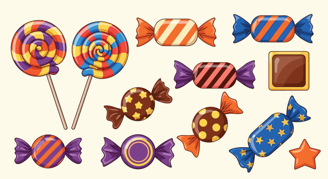 Tempting collection of colorful candies, lollipops, and sweets in various shapes and patterns on a cream background.