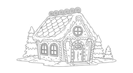Obraz premium Black and white coloring page for children featuring a cozy gingerbread house covered in snow and surrounded by pine trees in winter.