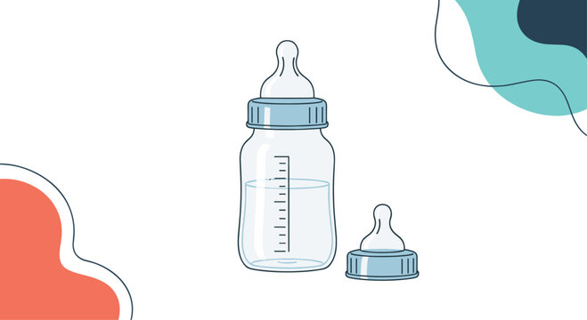Illustration of a baby nursing bottle filled with liquid and an extra nipple cap on a white background with colorful abstract shapes.