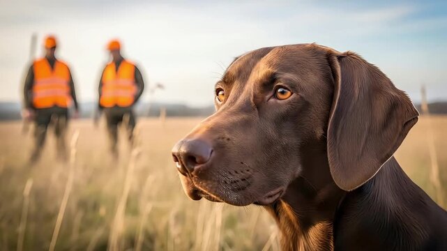 German Shorthaired Pointer dog focused intently in field with hunters in background wearing orange vests and carrying rifles during autumn hunting