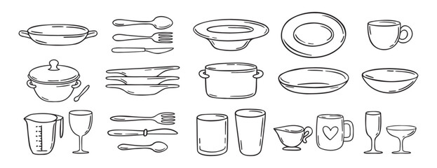 dishes dinnerware doodle hand drawn icon set. Plate, glass and cup, mug, bowl. Outline drawing tableware for kitchen line clipart symbol collection