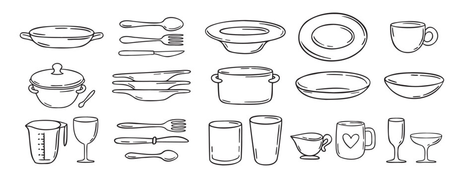 dishes dinnerware doodle hand drawn icon set. Plate, glass and cup, mug, bowl. Outline drawing tableware for kitchen line clipart symbol collection