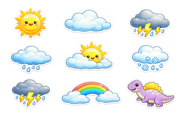 Obraz premium Cute Cartoon Weather Stickers and Dinosaur Icon Set: Kawaii Collection of Sunny, Cloudy, Rainy, Stormy, Rainbow Elements, and Adorable Dino for Kids' Design.